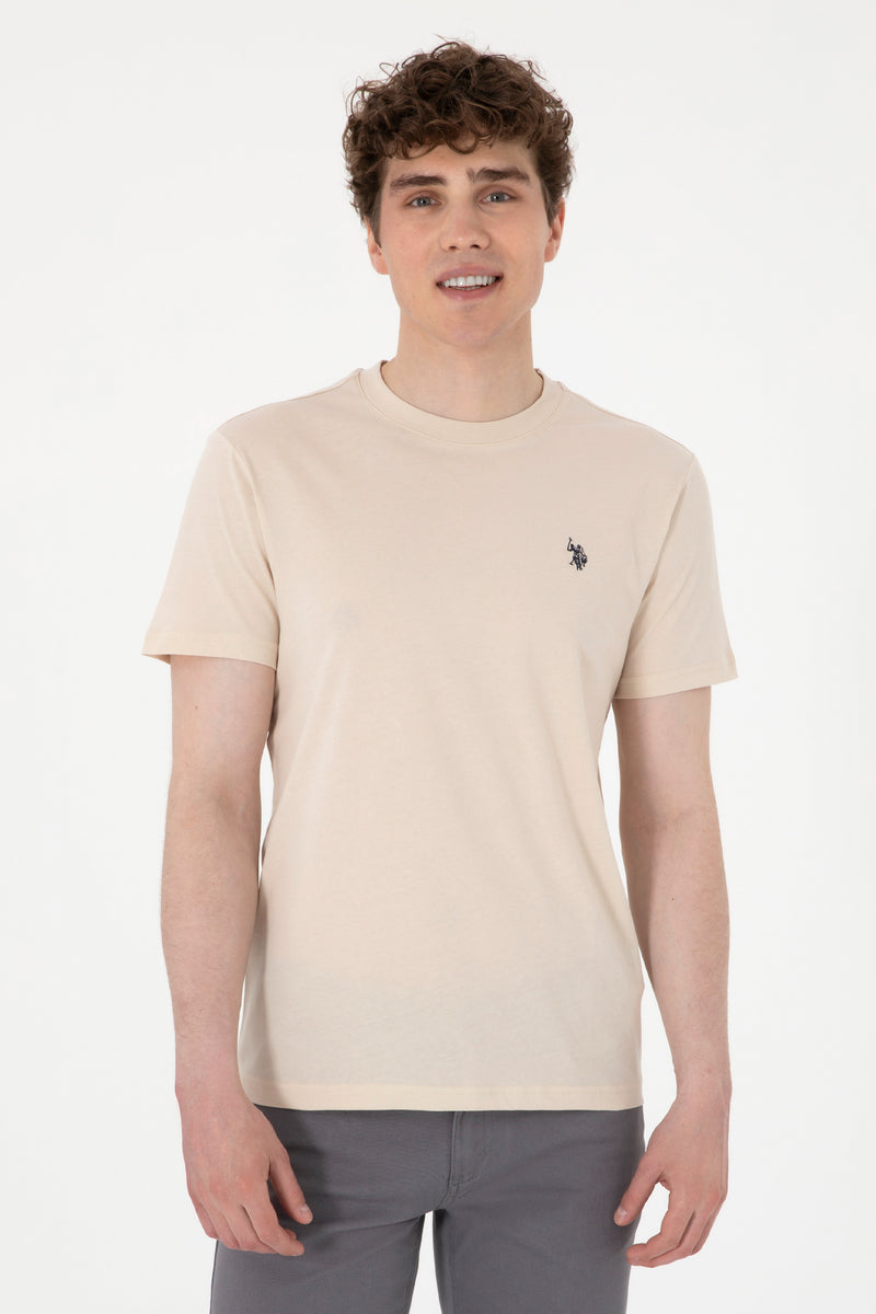 Tricou Barbat Bej Cu Guler Rotund Si Logo Brodat