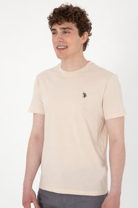 Tricou Barbat Bej Cu Guler Rotund Si Logo Brodat