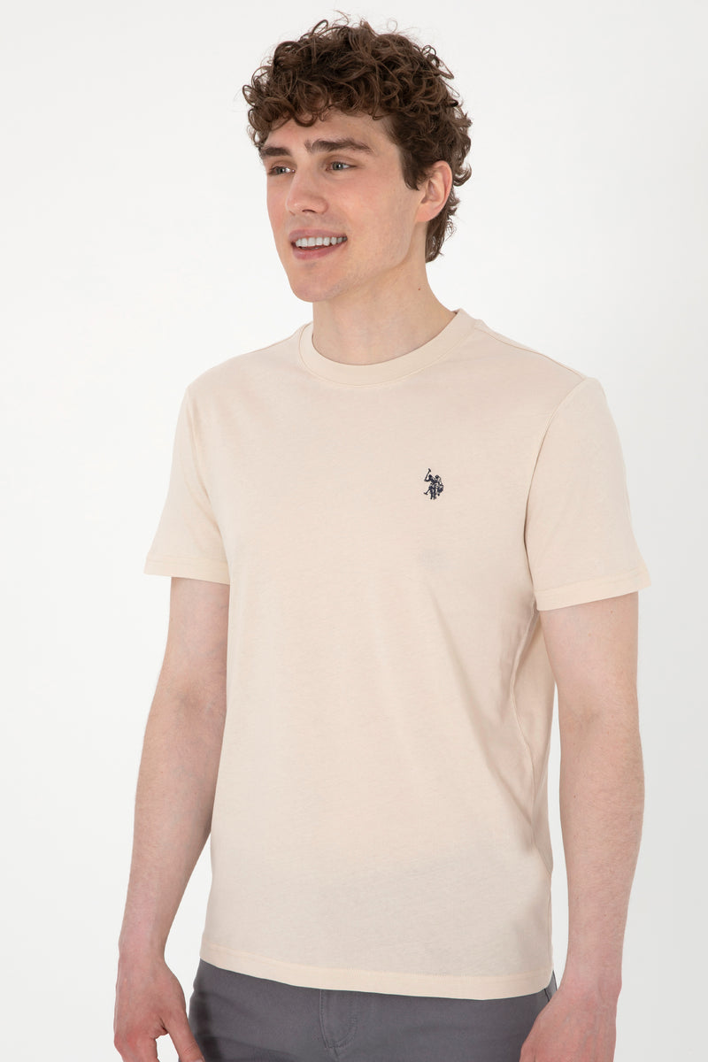 Tricou Barbat Bej Cu Guler Rotund Si Logo Brodat