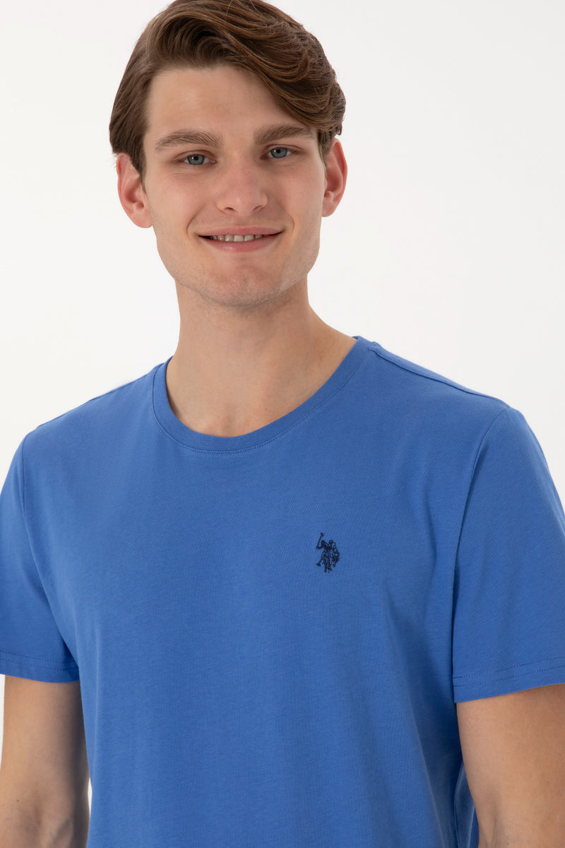 Tricou Barbat Albastru Cu Guler Rotund Si Logo Brodat