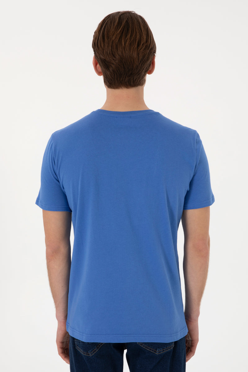 Tricou Barbat Albastru Cu Guler Rotund Si Logo Brodat