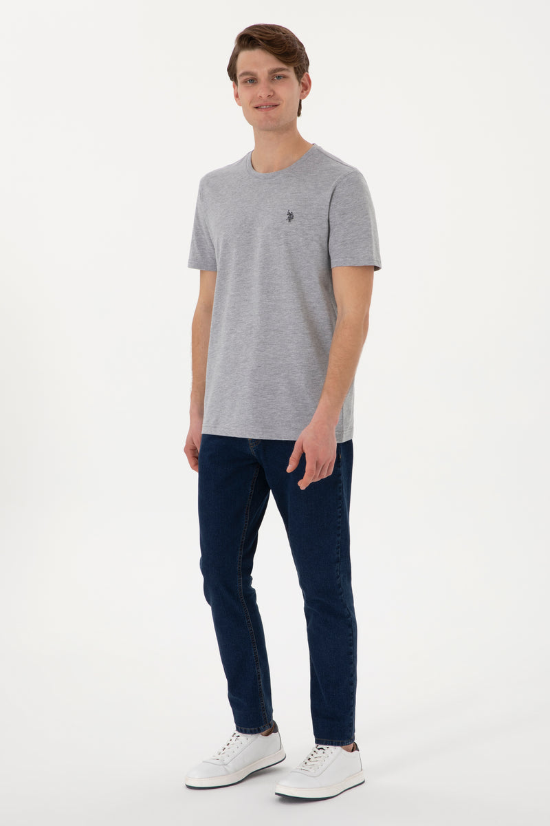 Tricou Barbat Gri Cu Guler Rotund Si Logo Brodat