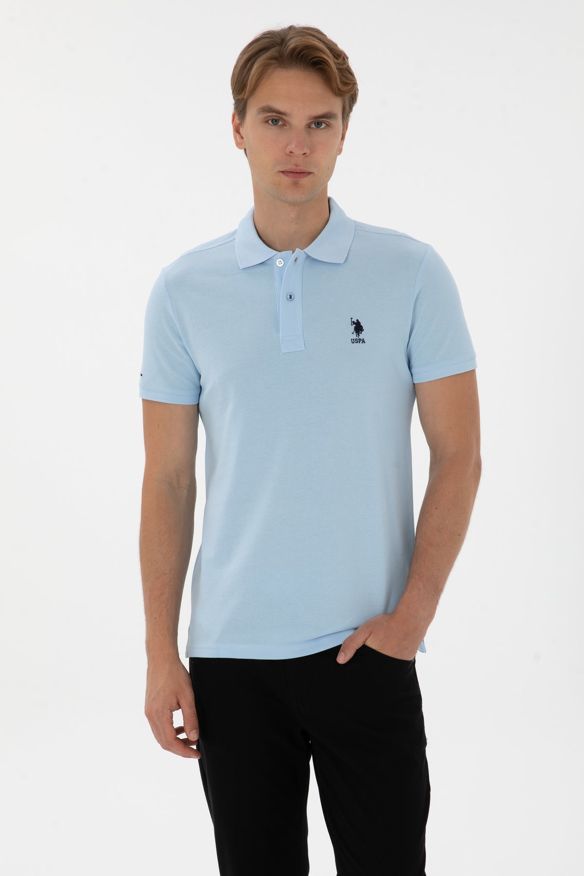 Tricou Polo Bărbați Albastru Deschis cu Logo Brodat