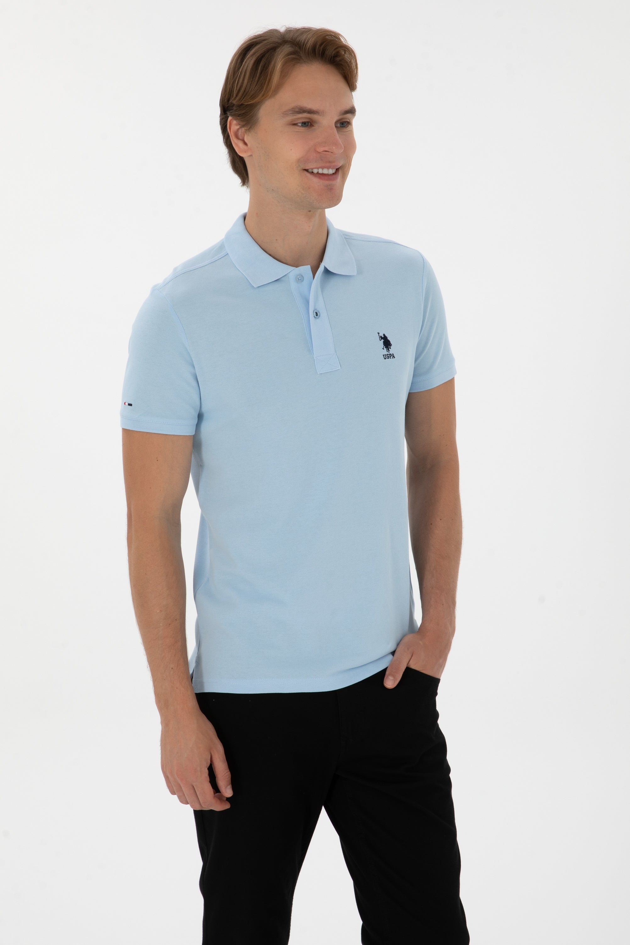Tricou Polo Bărbați Albastru Deschis cu Logo Brodat