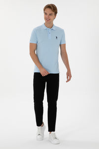 Tricou Polo Bărbați Albastru Deschis cu Logo Brodat