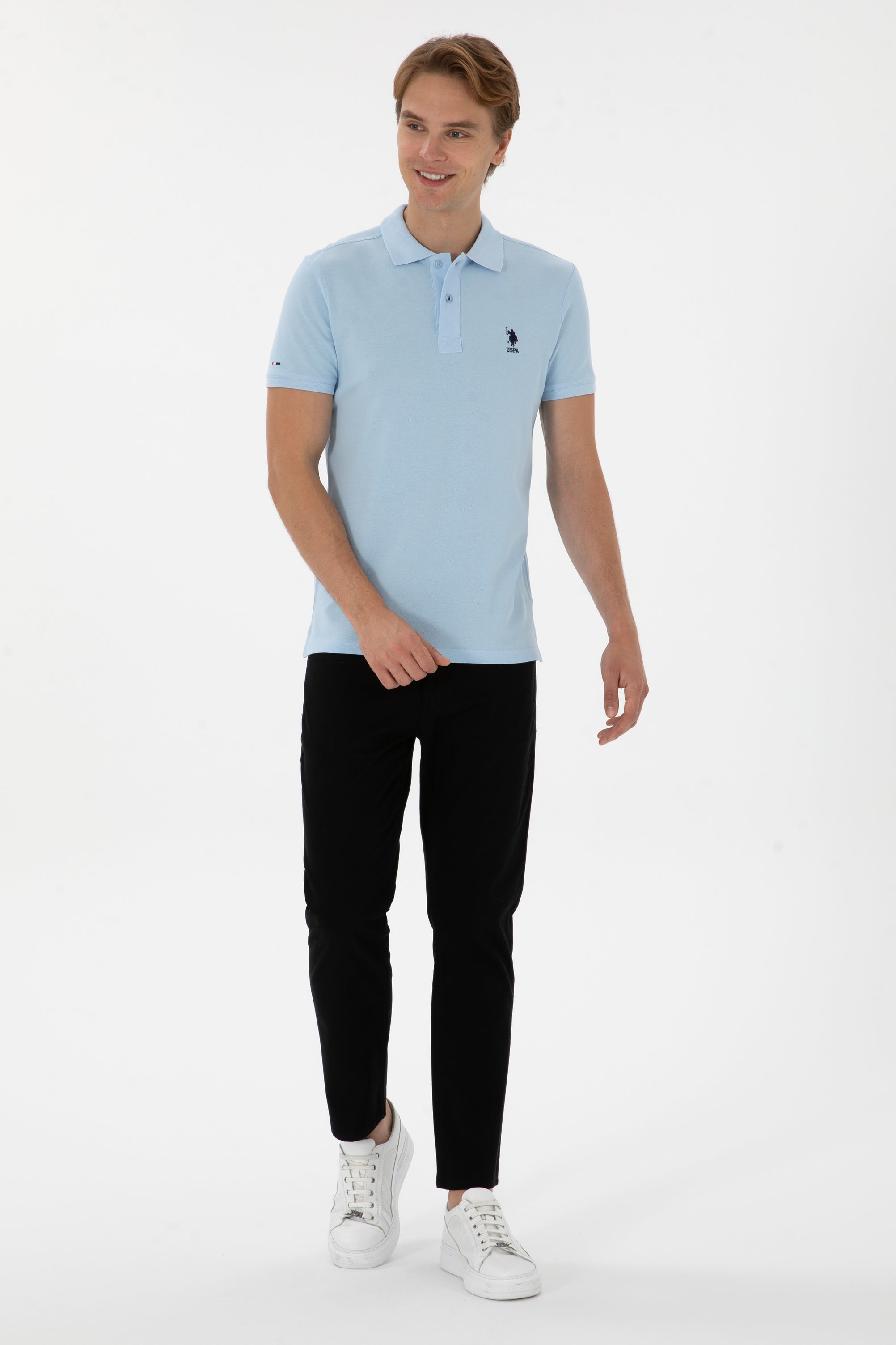 Tricou Polo Bărbați Albastru Deschis cu Logo Brodat