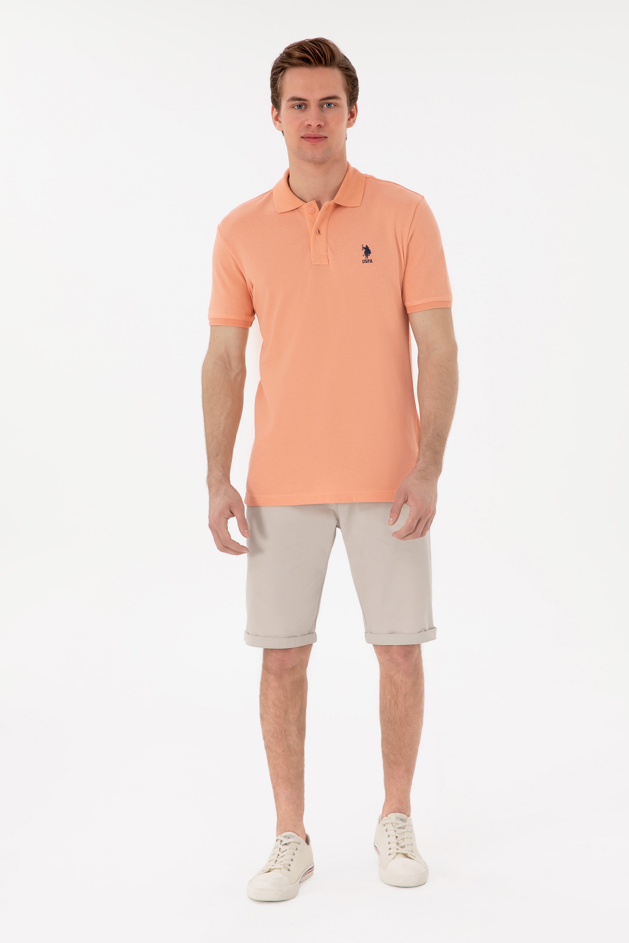 Tricou Polo Bărbați Pe Roz Somon Cu Logo Brodat