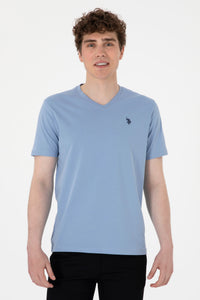 Tricou Barbat Albastru Cu Guler In V Si Logo Brodat