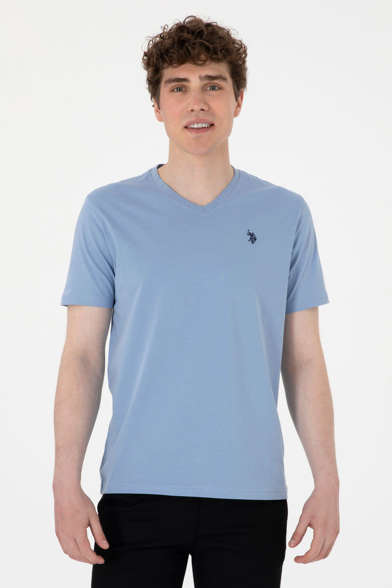 Tricou Barbat Albastru Cu Guler In V Si Logo Brodat