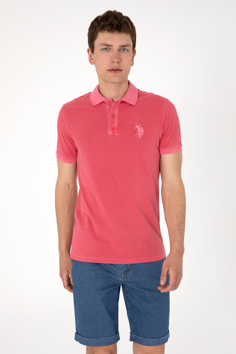 Tricou Polo Barbat Rosu cu Efect Decolorat