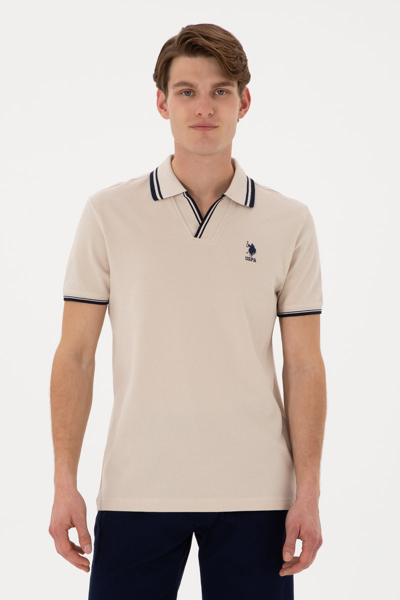 Tricou Polo Barbat Bej Cu Guler si Textura Speciale