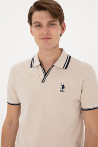 Tricou Polo Barbat Bej Cu Guler si Textura Speciale