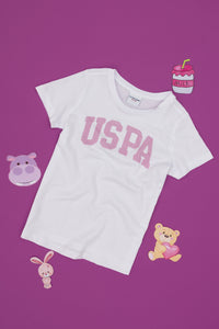 Tricou Fată Pe Alb Cu Guler Rotund Și Print USPA Pe Piept