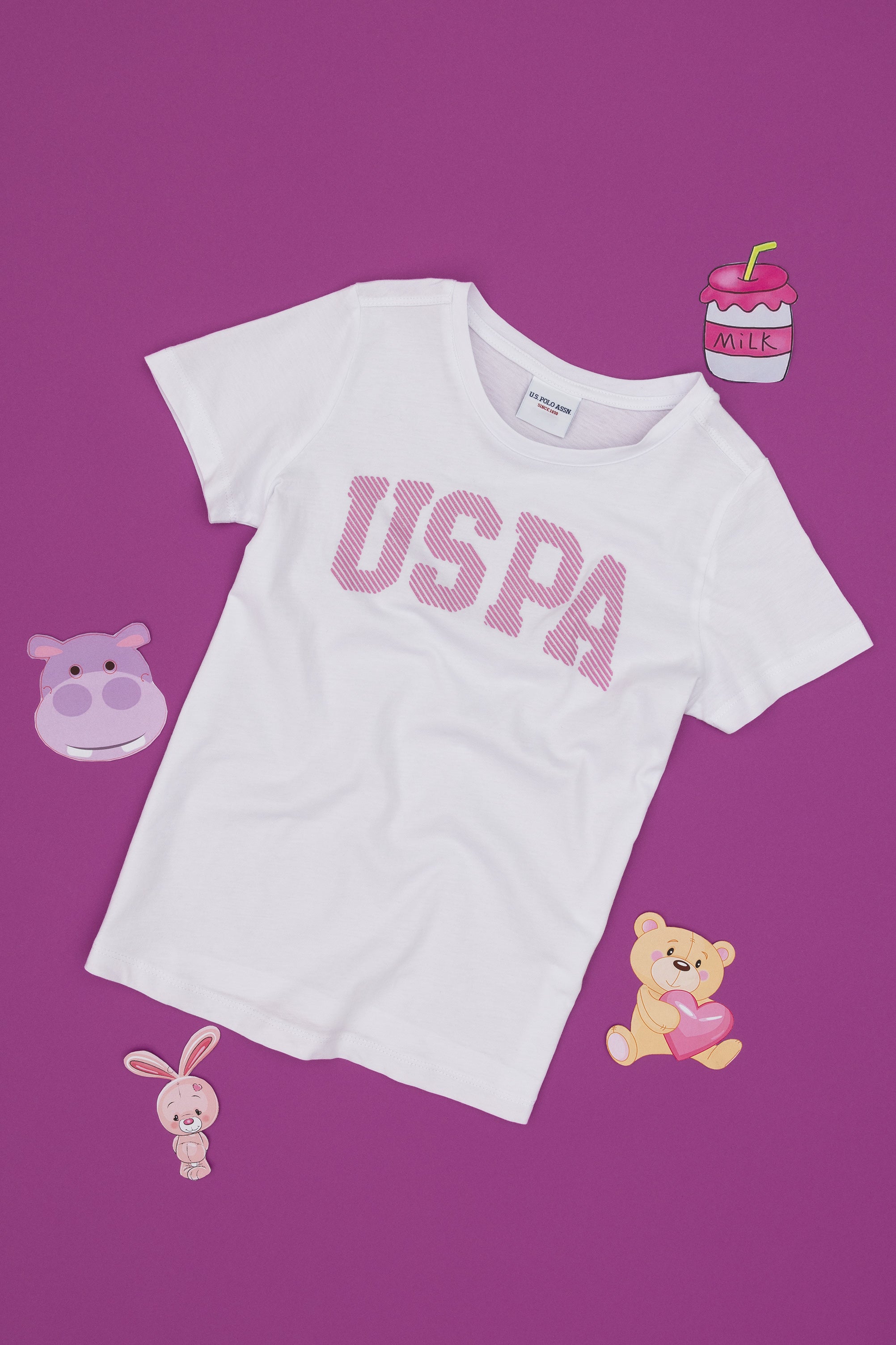 Tricou Fată Pe Alb Cu Guler Rotund Și Print USPA Pe Piept