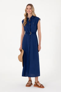 Rochie Tip Camasa Dama Albastru Inchis Curea in Talie