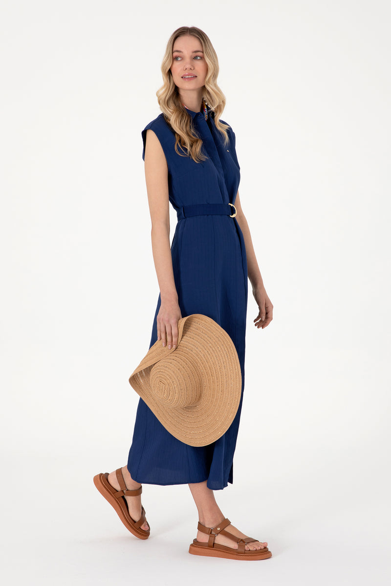 Rochie Tip Camasa Dama Albastru Inchis Curea in Talie