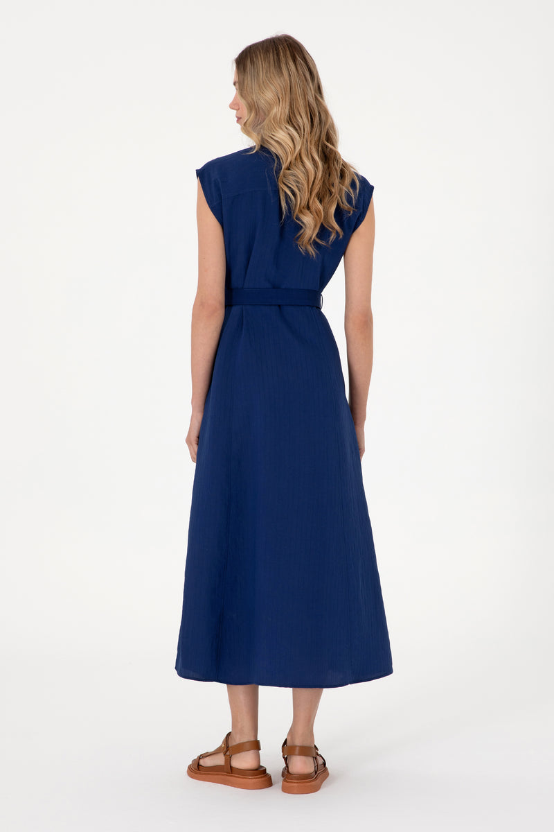 Rochie Tip Camasa Dama Albastru Inchis Curea in Talie