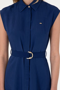 Rochie Tip Camasa Dama Albastru Inchis Curea in Talie