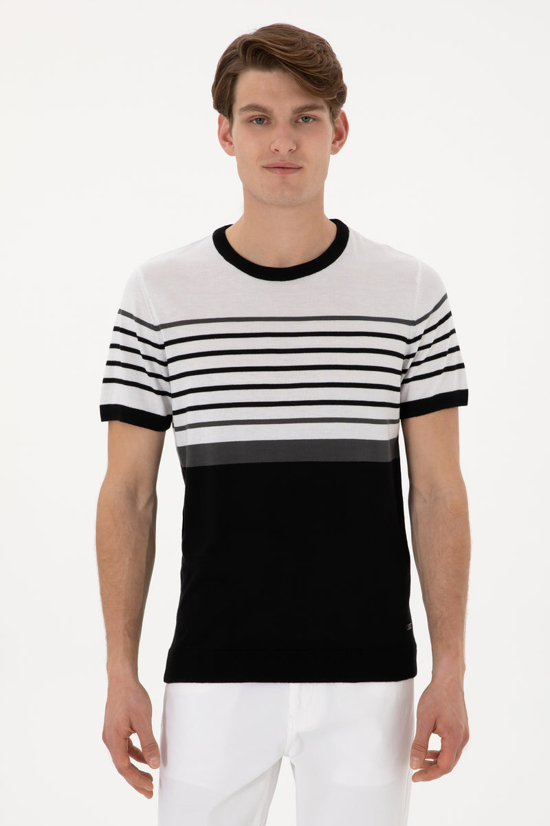 Tricou Barbat Tricotat Fin Alb Cu Dungi Negre