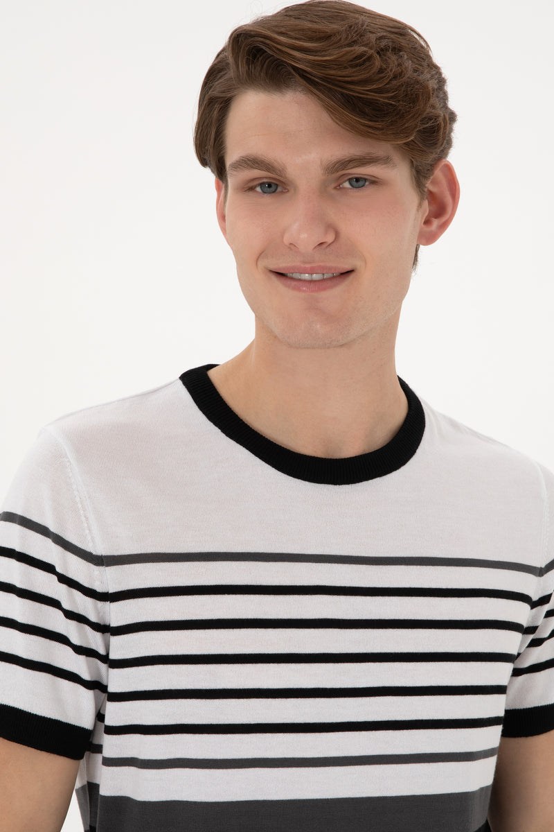 Tricou Barbat Tricotat Fin Alb Cu Dungi Negre