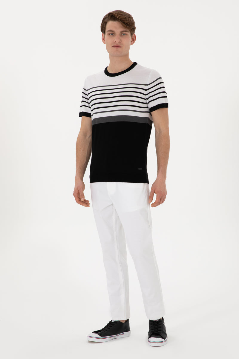 Tricou Barbat Tricotat Fin Alb Cu Dungi Negre