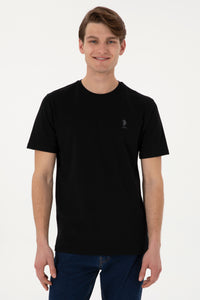 Tricou Barbat Negru Cu Guler Rotund Si Logo Aplicat