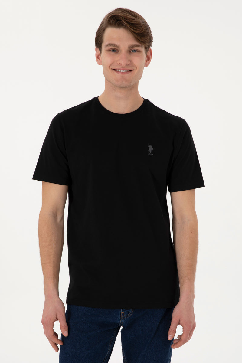 Tricou Barbat Negru Cu Guler Rotund Si Logo Aplicat