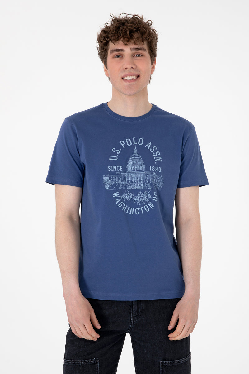 Tricou Barbat Albastru cu Print pe Piept si Guler Rotund