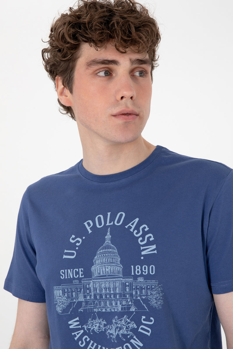 Tricou Barbat Albastru cu Print pe Piept si Guler Rotund