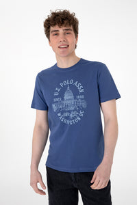 Tricou Barbat Albastru cu Print pe Piept si Guler Rotund