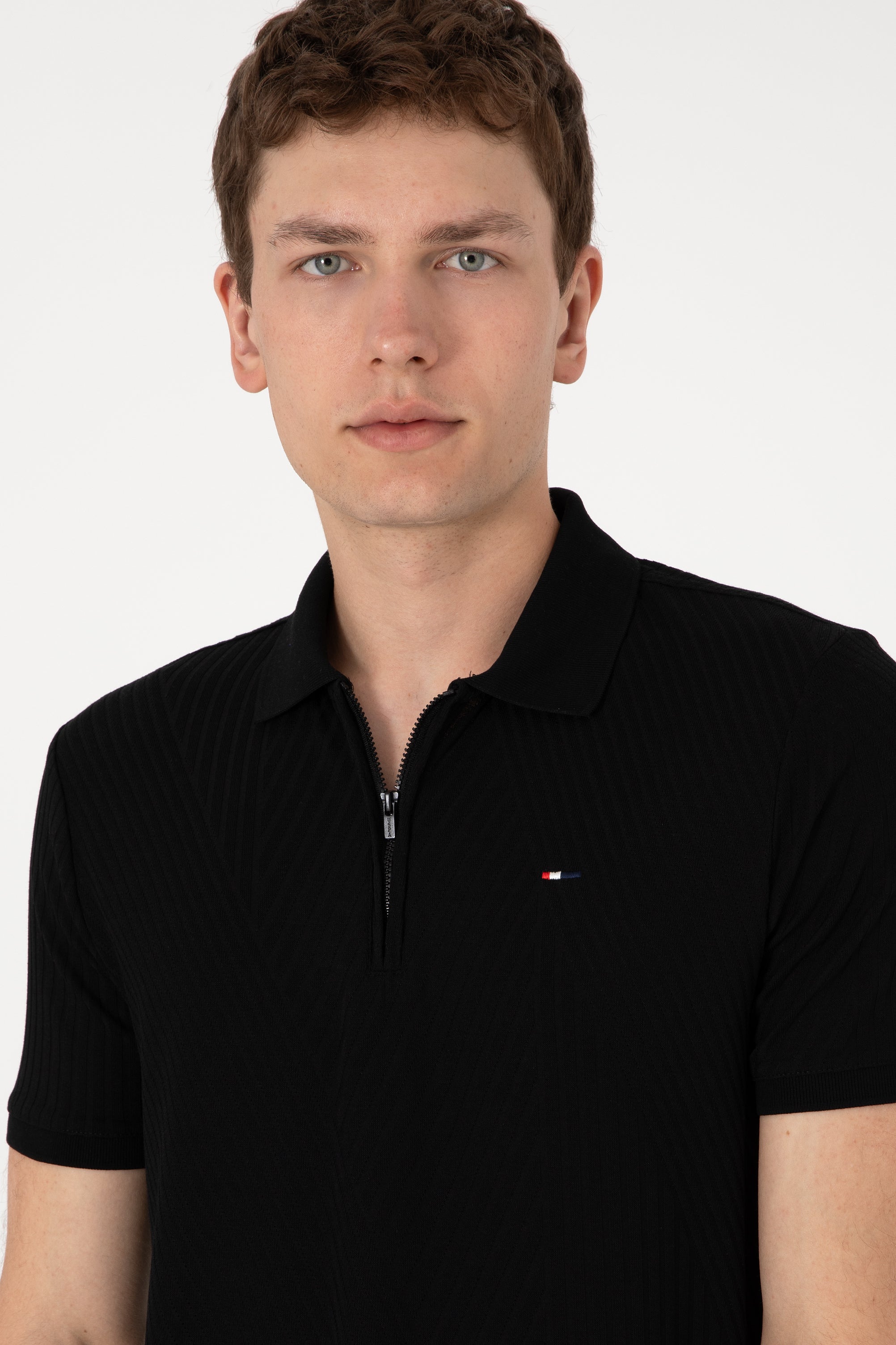 Tricou Polo Bărbați Negru Cu Închidere Fermoar