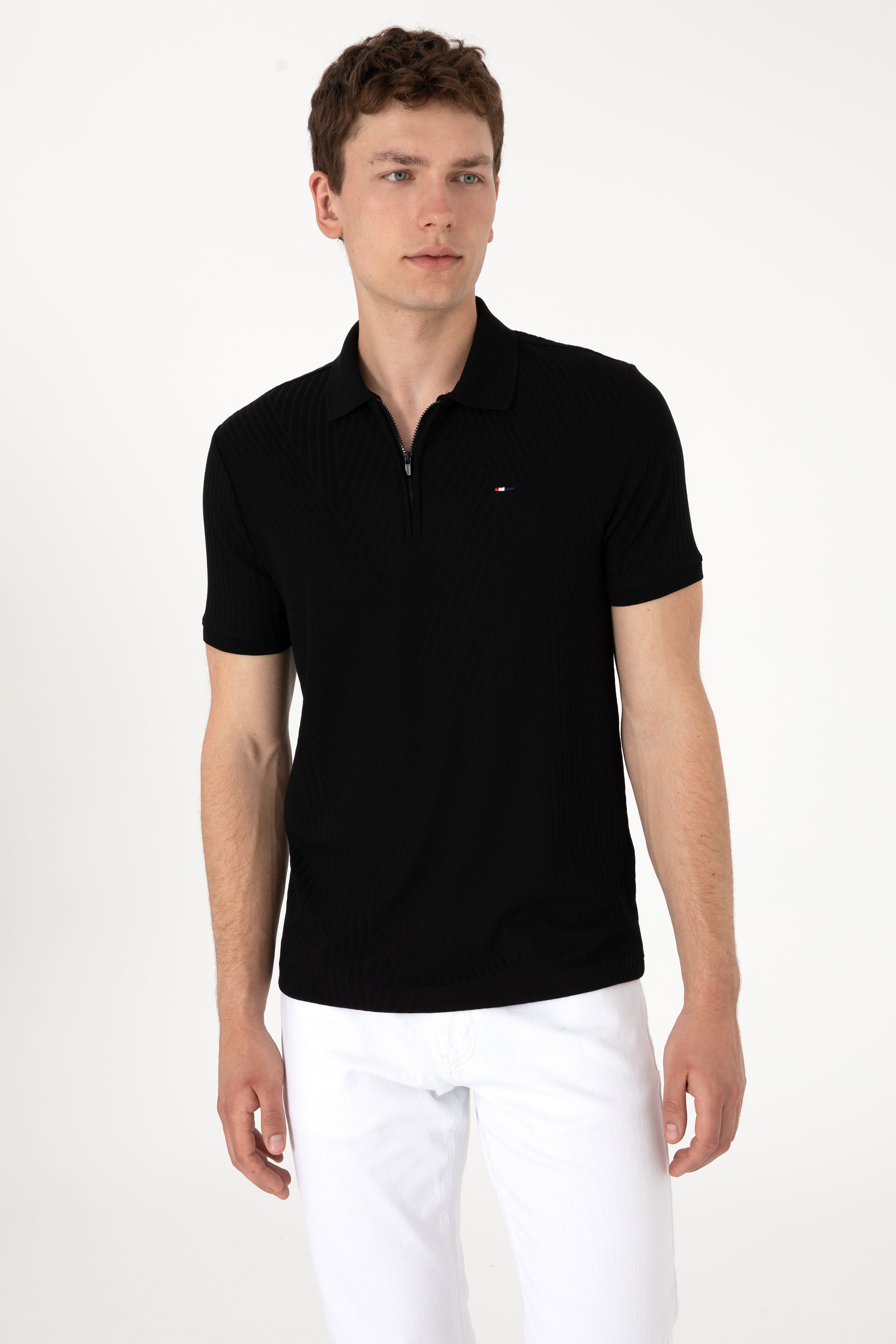 Tricou Polo Bărbați Negru Cu Închidere Fermoar
