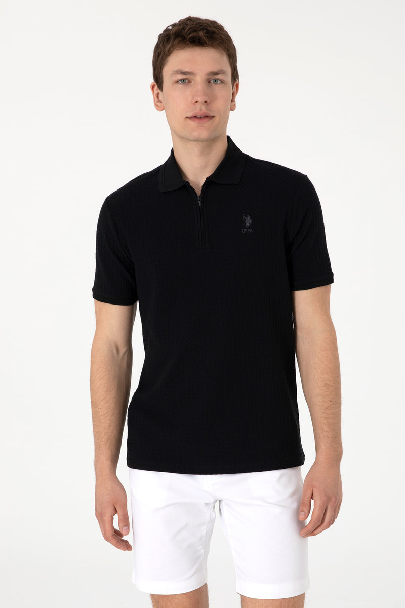 Tricou Polo Barbat Negru Guler cu Fermoar si Textura