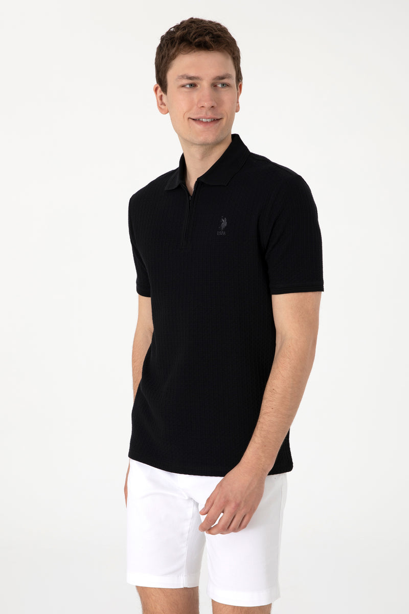 Tricou Polo Barbat Negru Guler cu Fermoar si Textura
