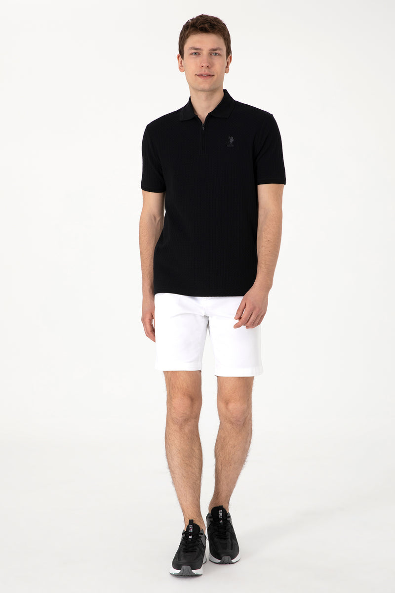 Tricou Polo Barbat Negru Guler cu Fermoar si Textura