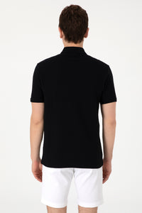 Tricou Polo Barbat Negru Guler cu Fermoar si Textura