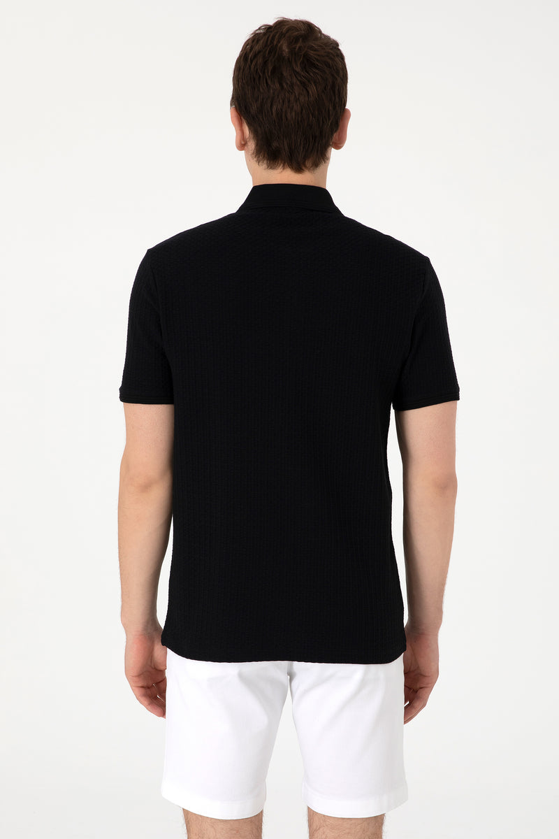 Tricou Polo Barbat Negru Guler cu Fermoar si Textura