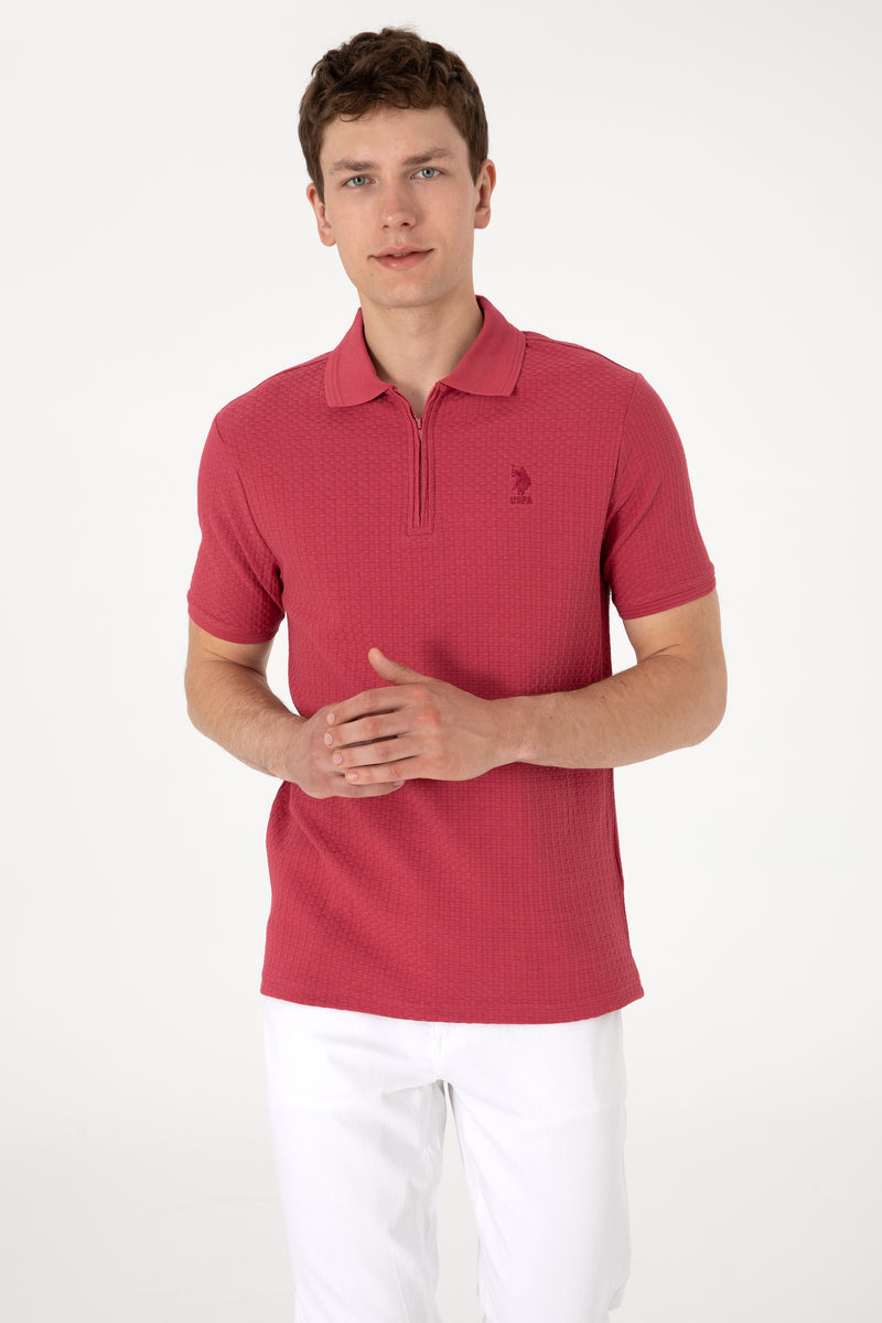 Tricou Polo Barbat Rosu Purpuriu Guler cu Fermoar si Textura