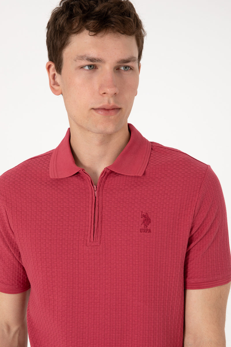 Tricou Polo Barbat Rosu Purpuriu Guler cu Fermoar si Textura