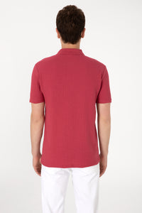 Tricou Polo Barbat Rosu Purpuriu Guler cu Fermoar si Textura