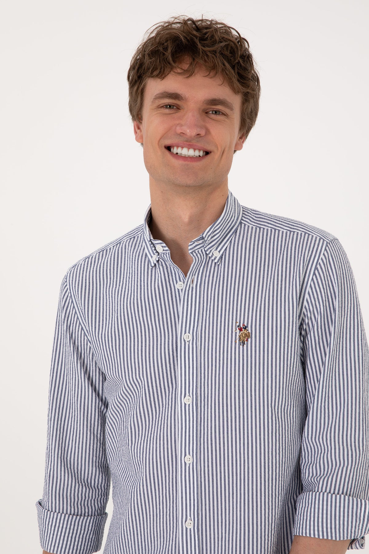 Camasa Barbat Alba Cu Dungi Verticale Dese pe Albastru