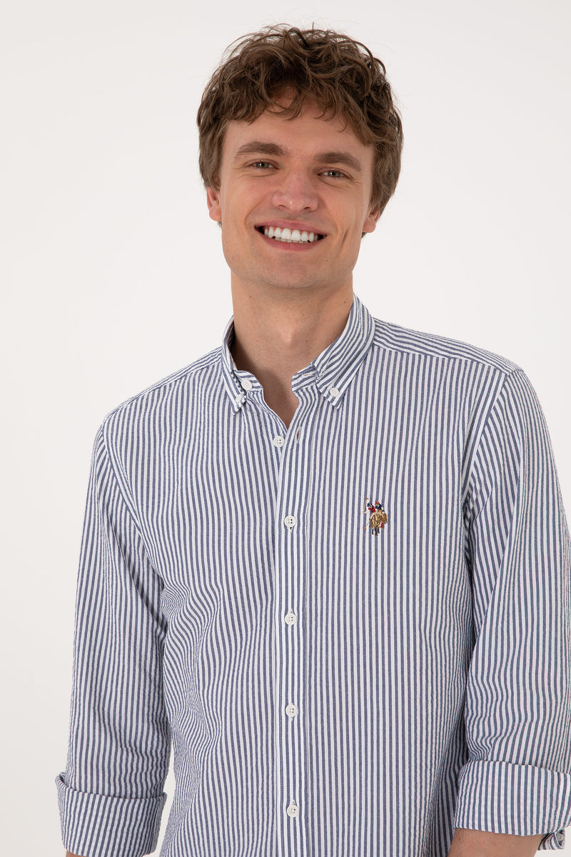 Camasa Barbat Alba Cu Dungi Verticale Dese pe Albastru
