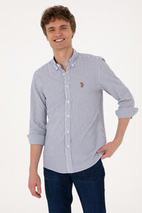 Camasa Barbat Alba Cu Dungi Verticale Dese pe Albastru