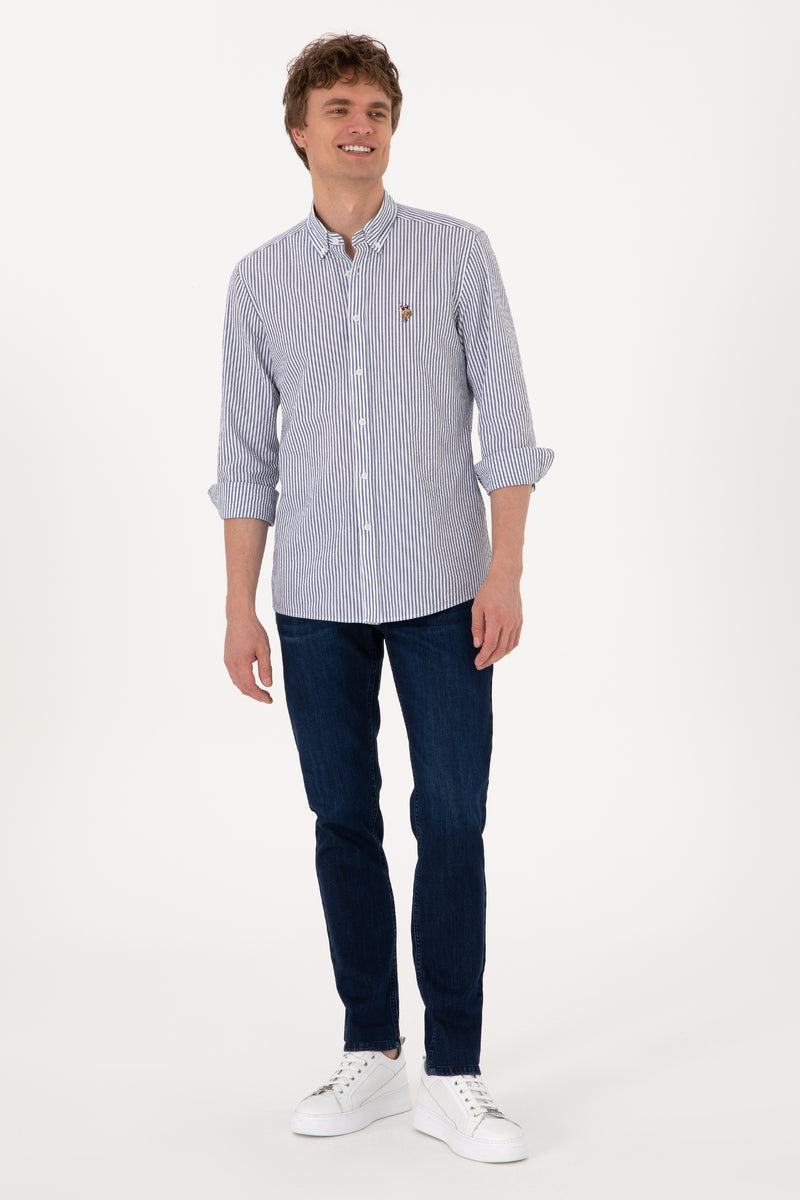 Camasa Barbat Alba Cu Dungi Verticale Dese pe Albastru