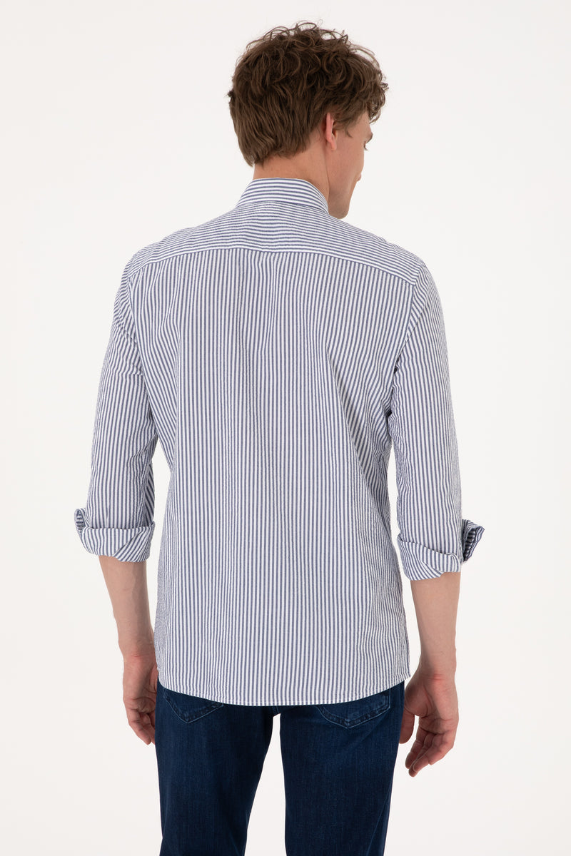 Camasa Barbat Alba Cu Dungi Verticale Dese pe Albastru