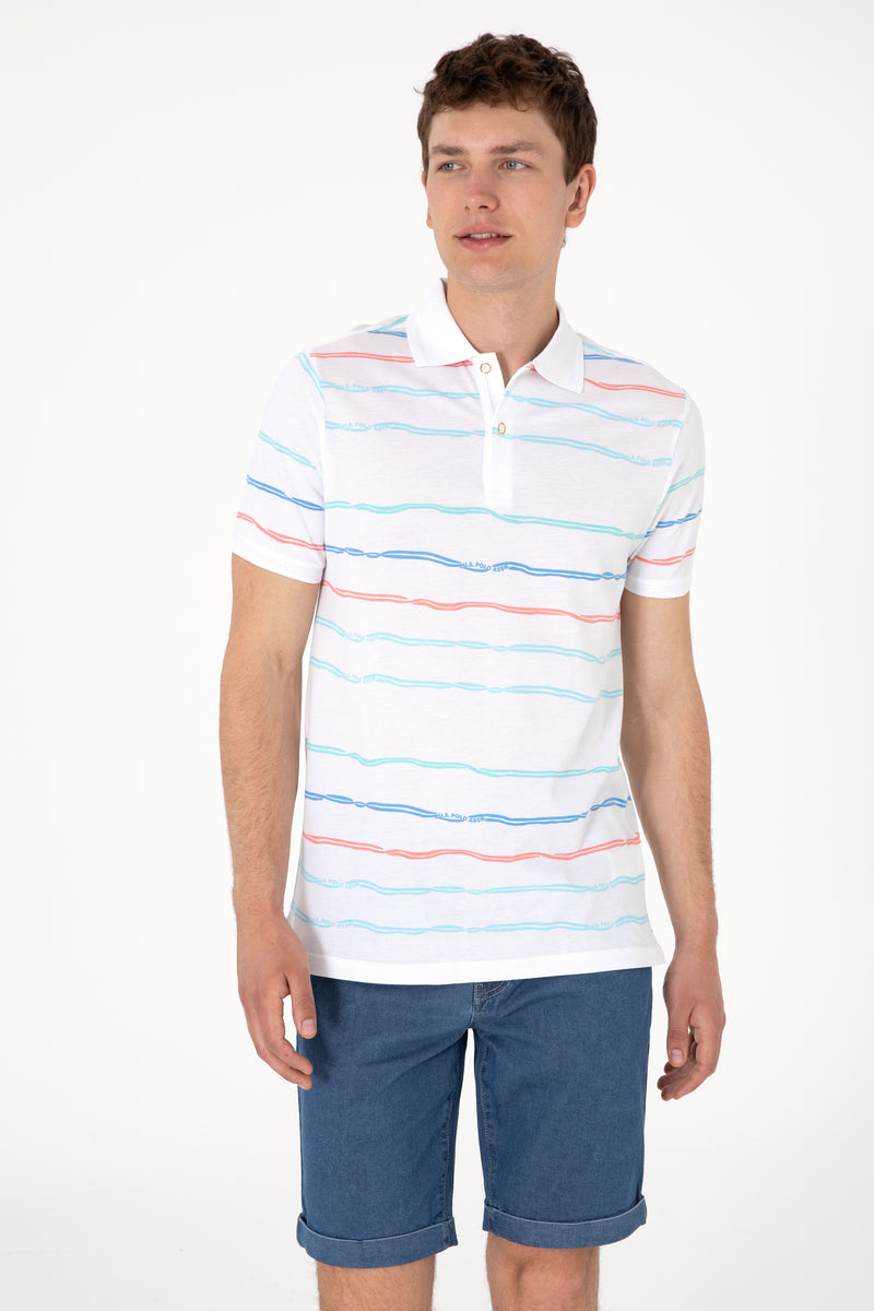 Tricou Polo Barbat Alb cu Dungi Orizontale Multicolore
