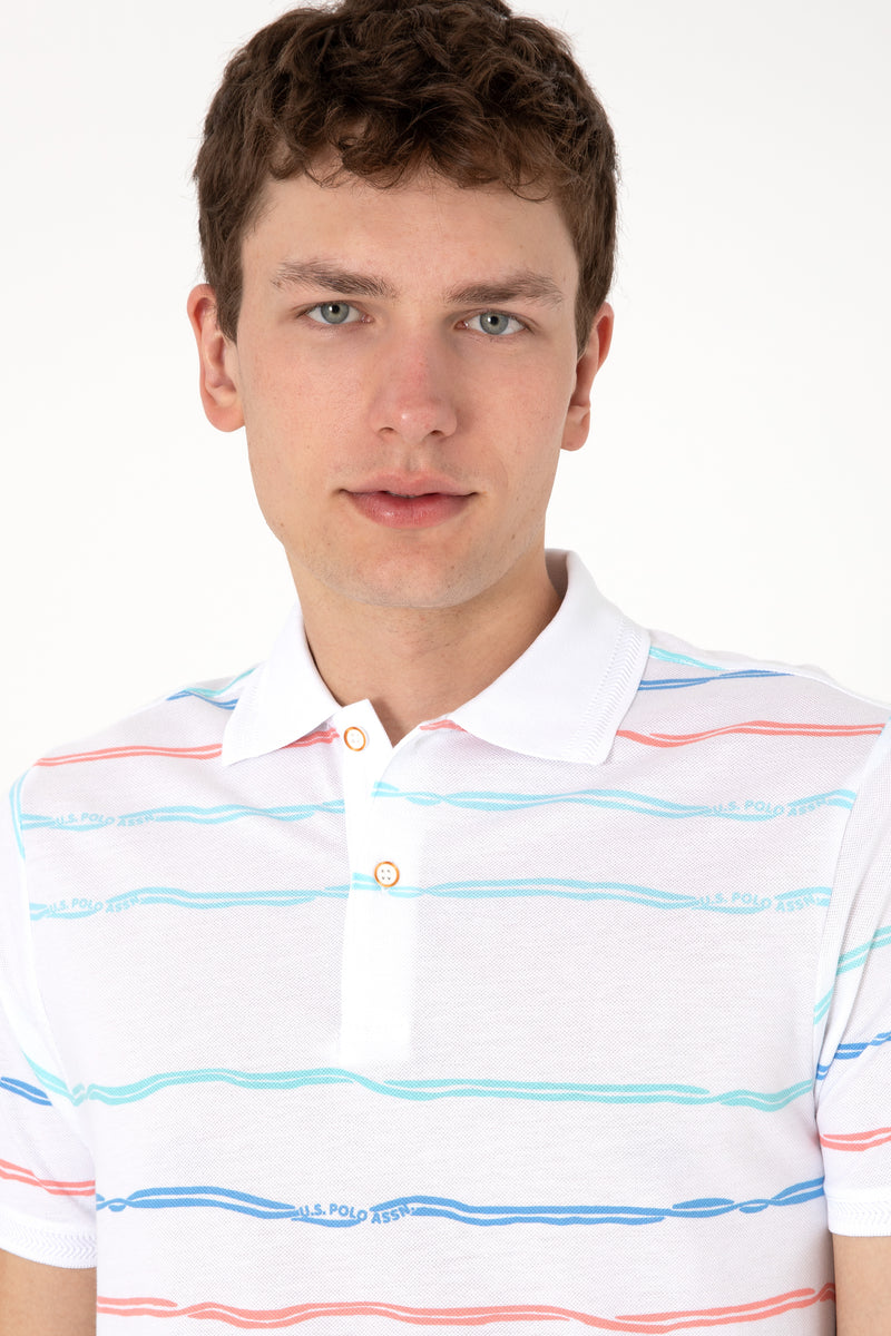 Tricou Polo Barbat Alb cu Dungi Orizontale Multicolore