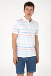 Tricou Polo Barbat Alb cu Dungi Orizontale Multicolore
