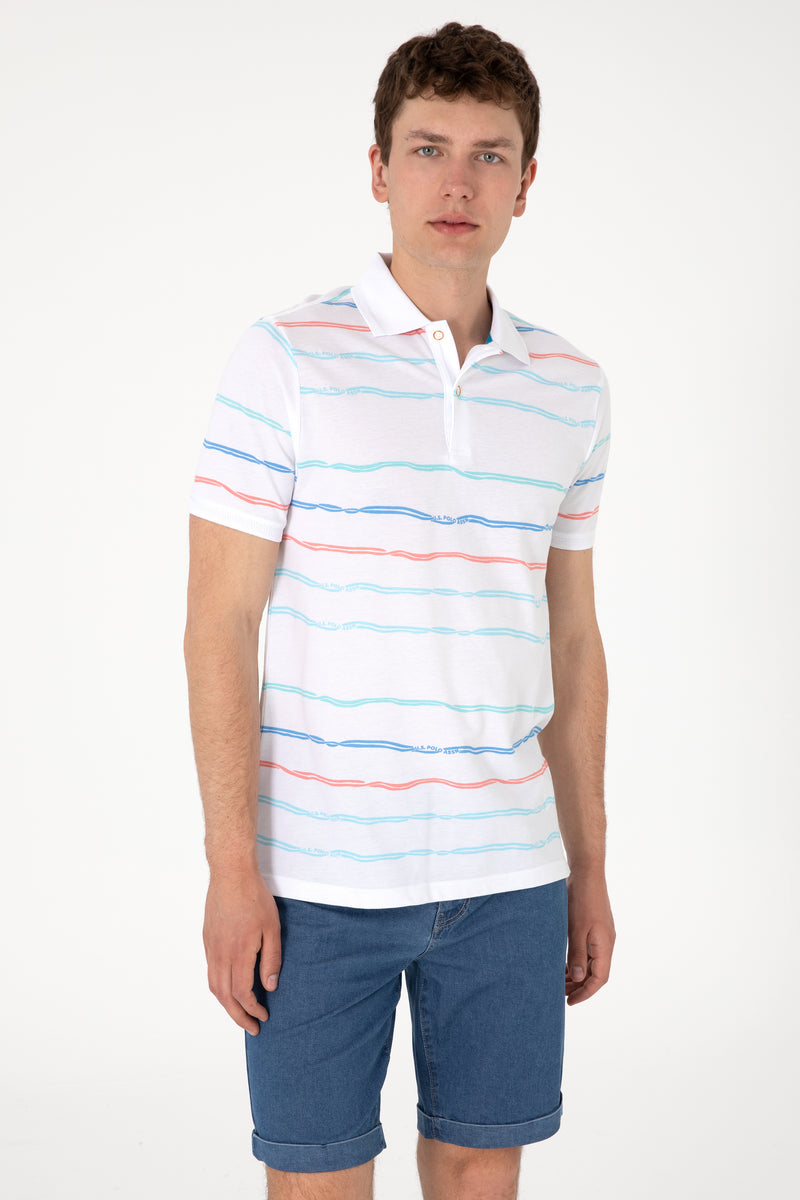 Tricou Polo Barbat Alb cu Dungi Orizontale Multicolore