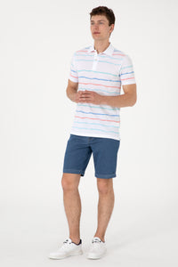 Tricou Polo Barbat Alb cu Dungi Orizontale Multicolore